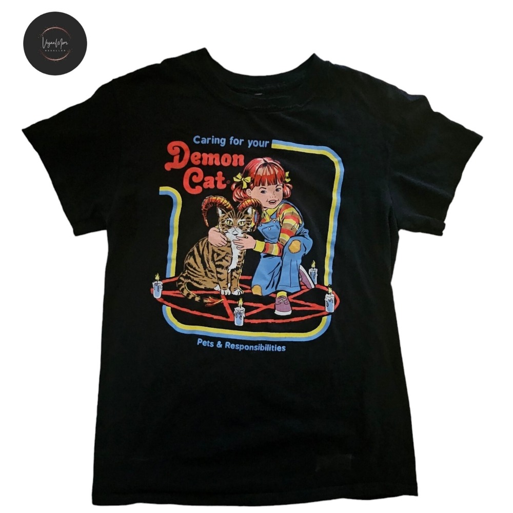 Demon Cat Black Graphic Black Tee Steven Rhodes Caring For Your T-shirt Adult Sm